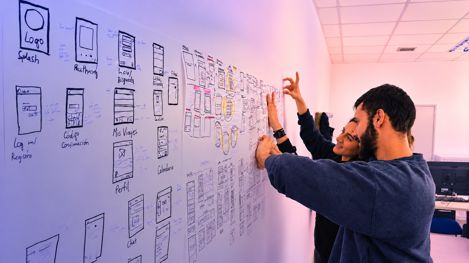 A designer sketching screen flows on a whiteboard wall covered in wireframes
