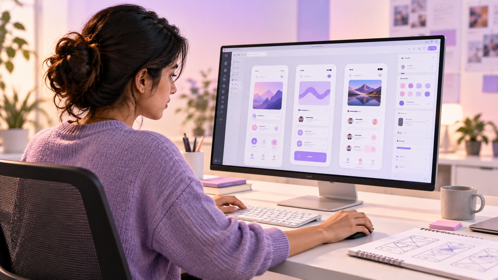 A designer reviewing app screens on a large monitor
