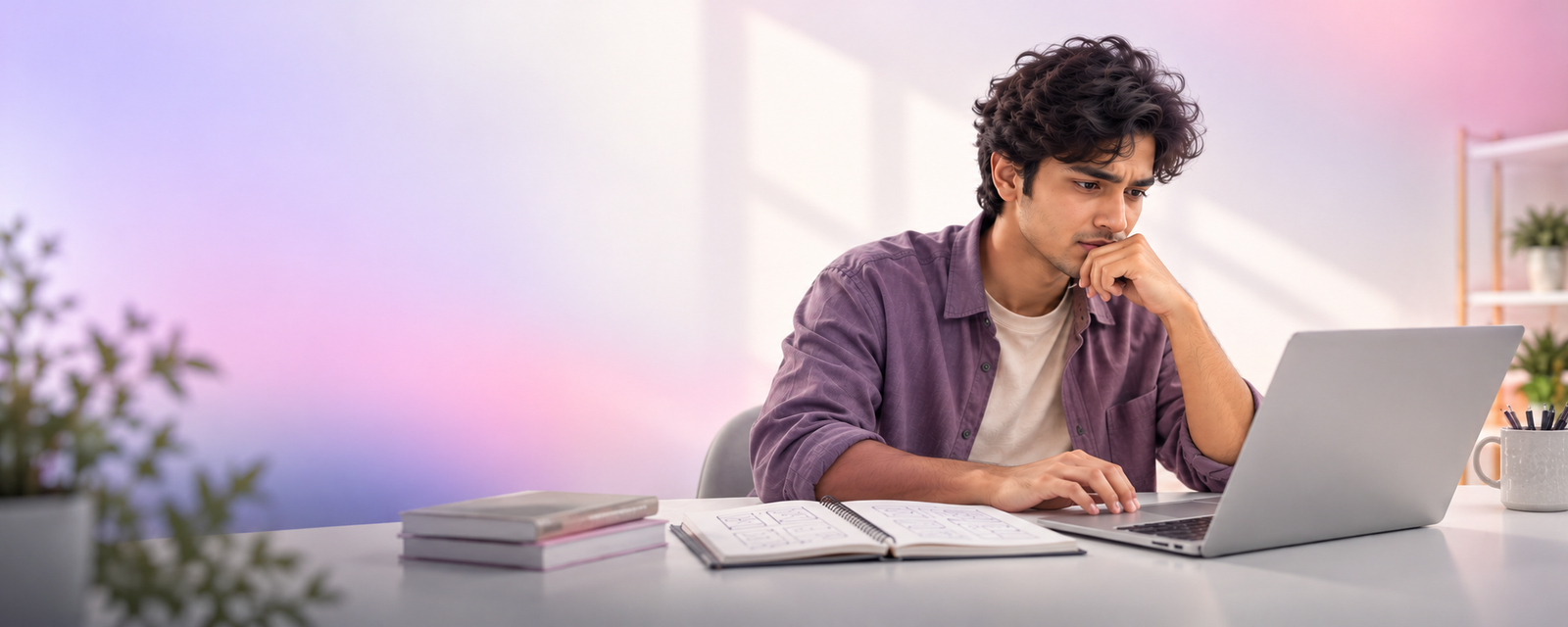 A young professional thinking through a problem at a laptop