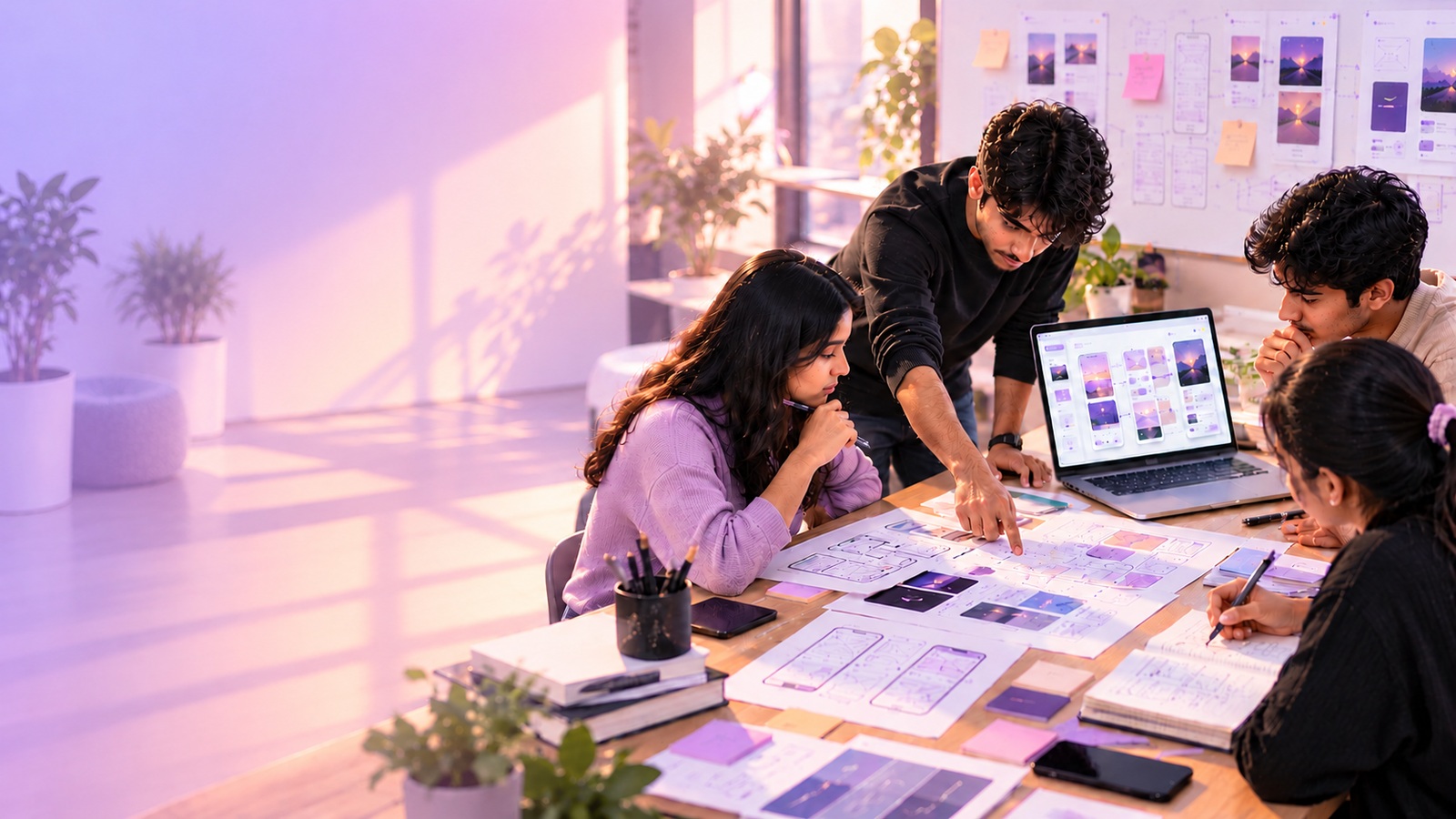 A small team discussing work around laptops