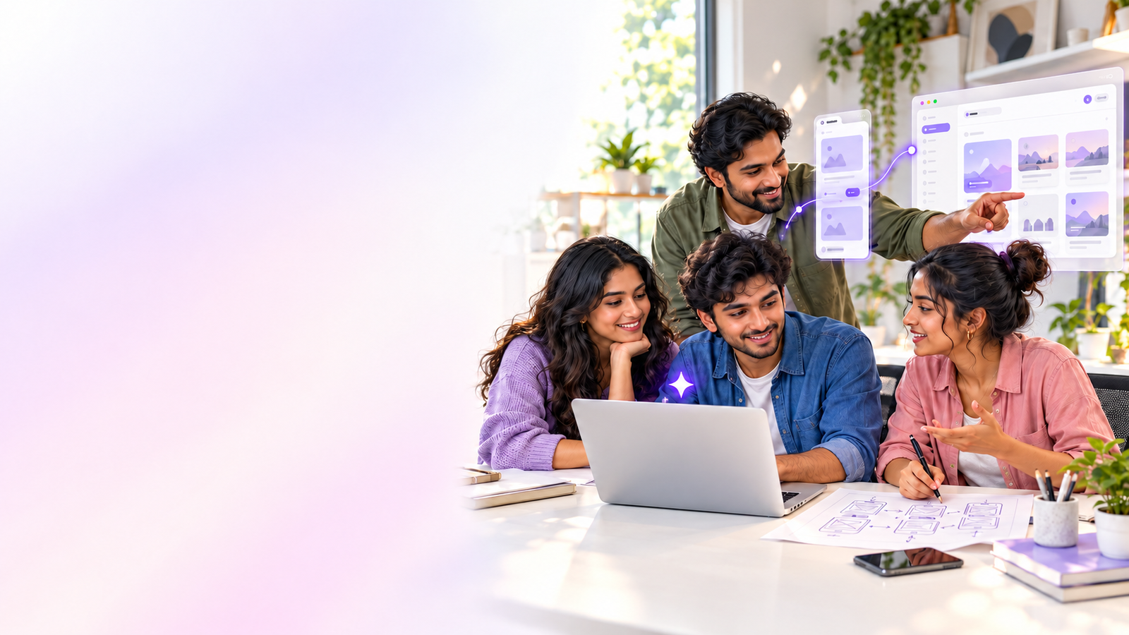 A group of students gathered around a laptop, working through a project together